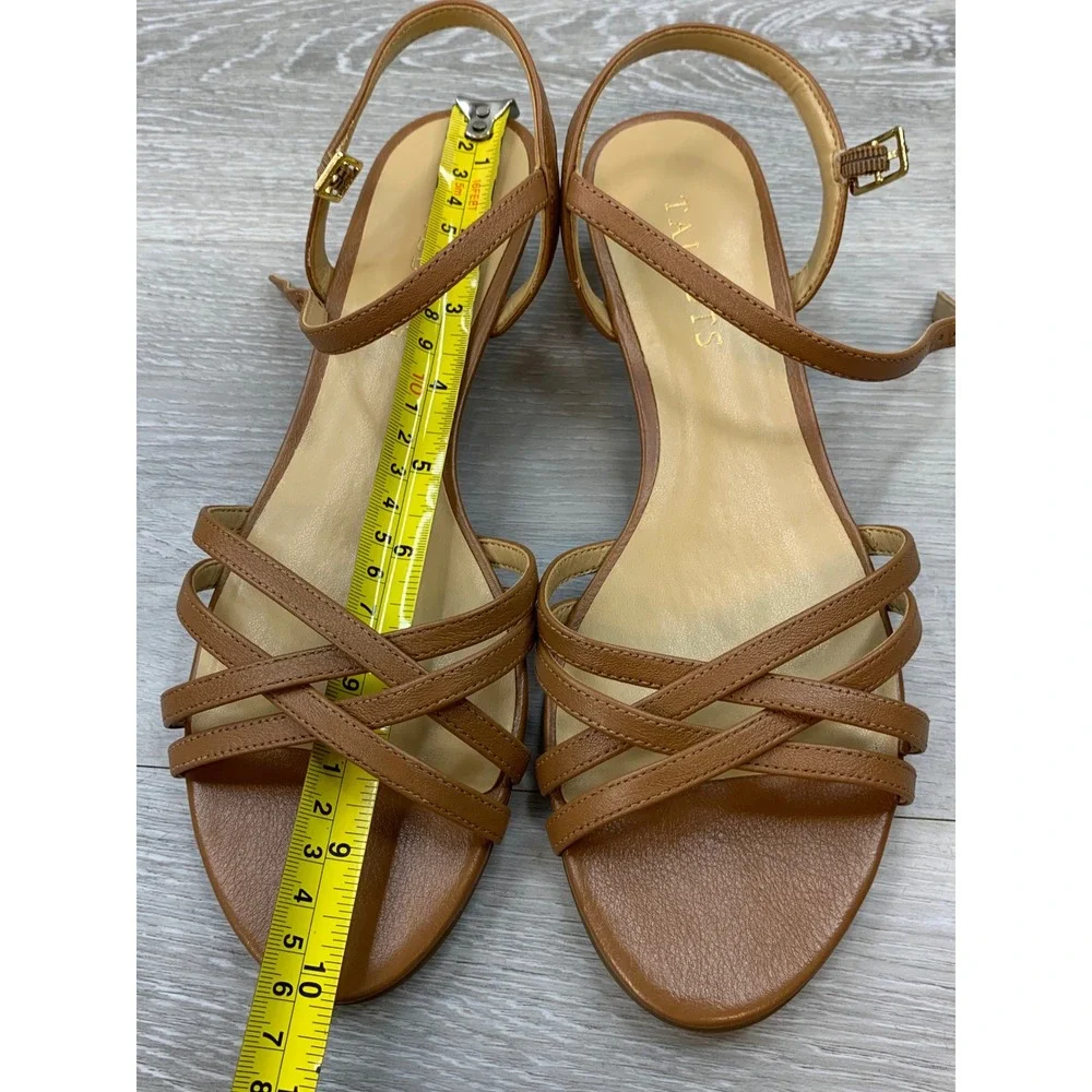 Talbots Women's 8 Cognac Brown Leather Strappy Low Wedge Ankle Strap Sandals